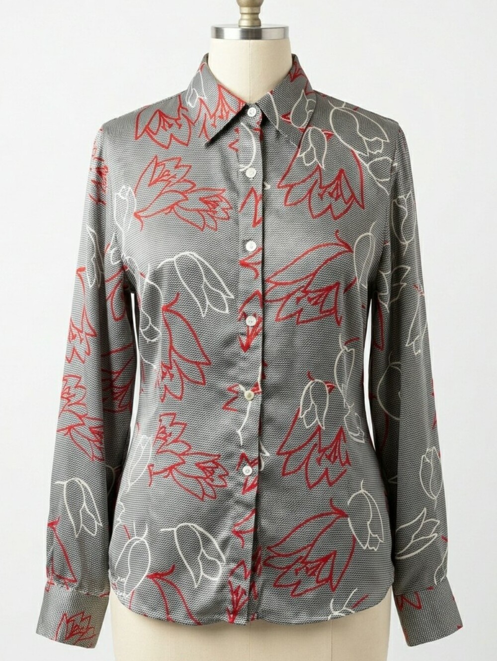 Vintage 90s ISHYU 100% Silk Floral Blouse Red White Gray Tulip Art Print M
